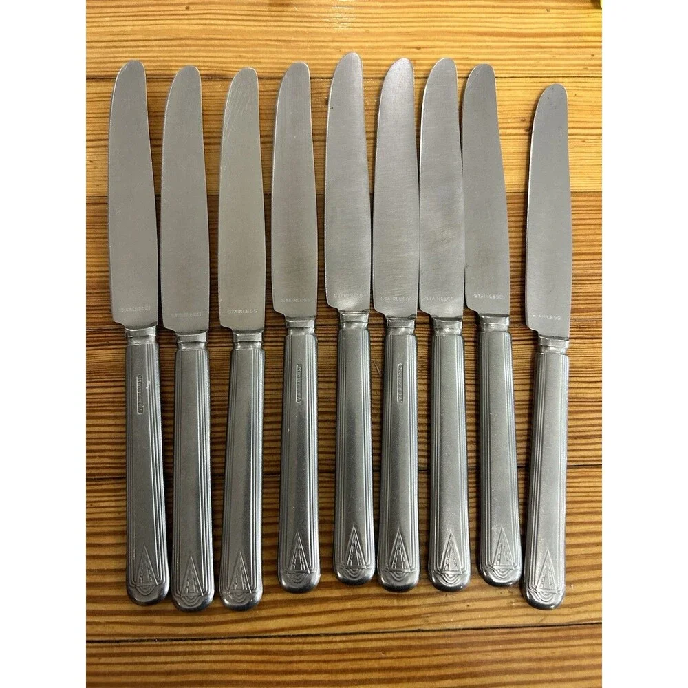 Diamond Silver Co DS20 Stainless Flatware Dinner Knives Set of 9 USA Art Deco
